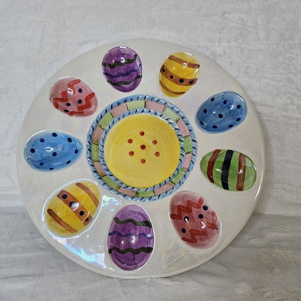 Easter Deviled Egg Plate Serving Tray Ceramic Colorful Iridescent Home Decor Vtg